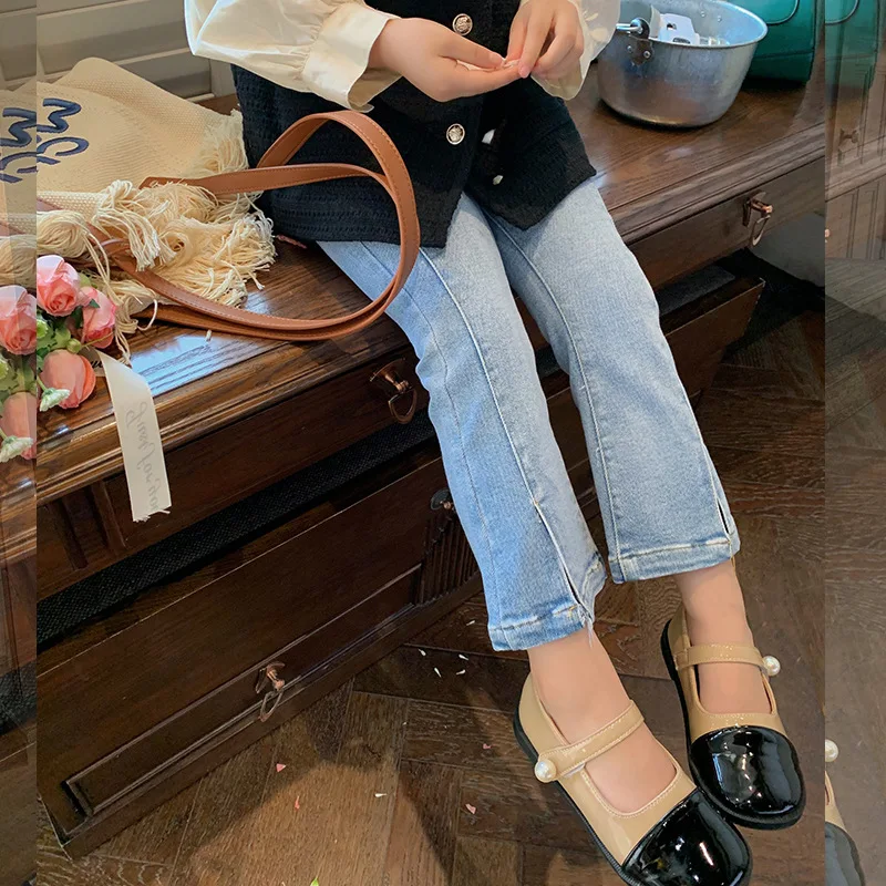 

Girls' Pants 2022 Autumn New Children's Korean Slit Micro-Bladed Jeans Baby Elastic Trousers