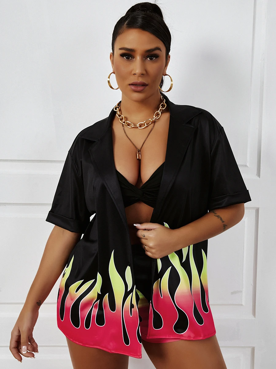 

LW Street Turndown Collar Flame Print Black Two Piece Shorts Set