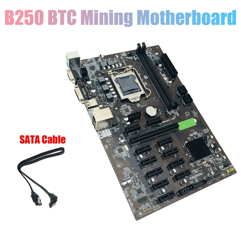 BTC B250 Mining Motherboard with SATA Cable LGA 1151 12XGraphics Card Slot DDR4 USB3.0 SATA3.0 Low Power for BTC Miner