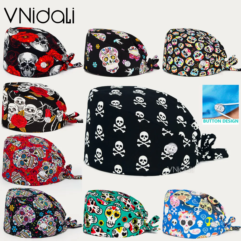 cotton Sugar Skull printing hats adjustable scrub hat beauty salon working cap laboratory pet shop nursing scrub cap with button