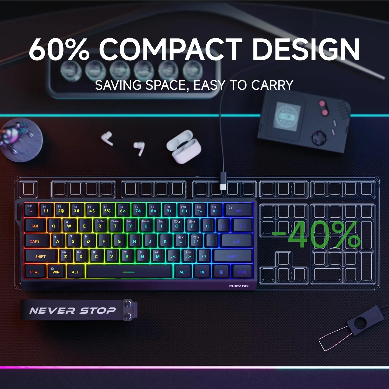 Фото EWEADN F61 Проводная бесшумная офисная клавиатура с раскладкой 61 клавишей RGB-подсветка Эргономичный дизайн Компактный и легкий порт Type-C №2