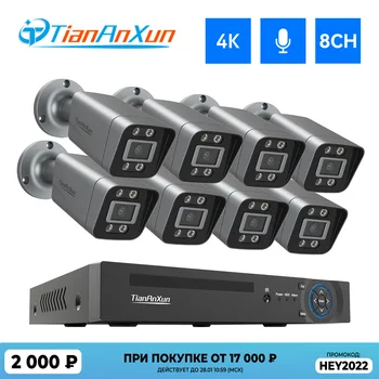 Tiananxun 8Ch 4K Video Surveillance Kit 8Mp Cctv Security Cameras System Home Outdoor Audio Ip Camera Poe Nvr Recorder Set