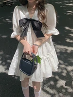 womens french retro preppy style college dress summer 2022 new ruffled pleated dress with bow design casual princess dresses
