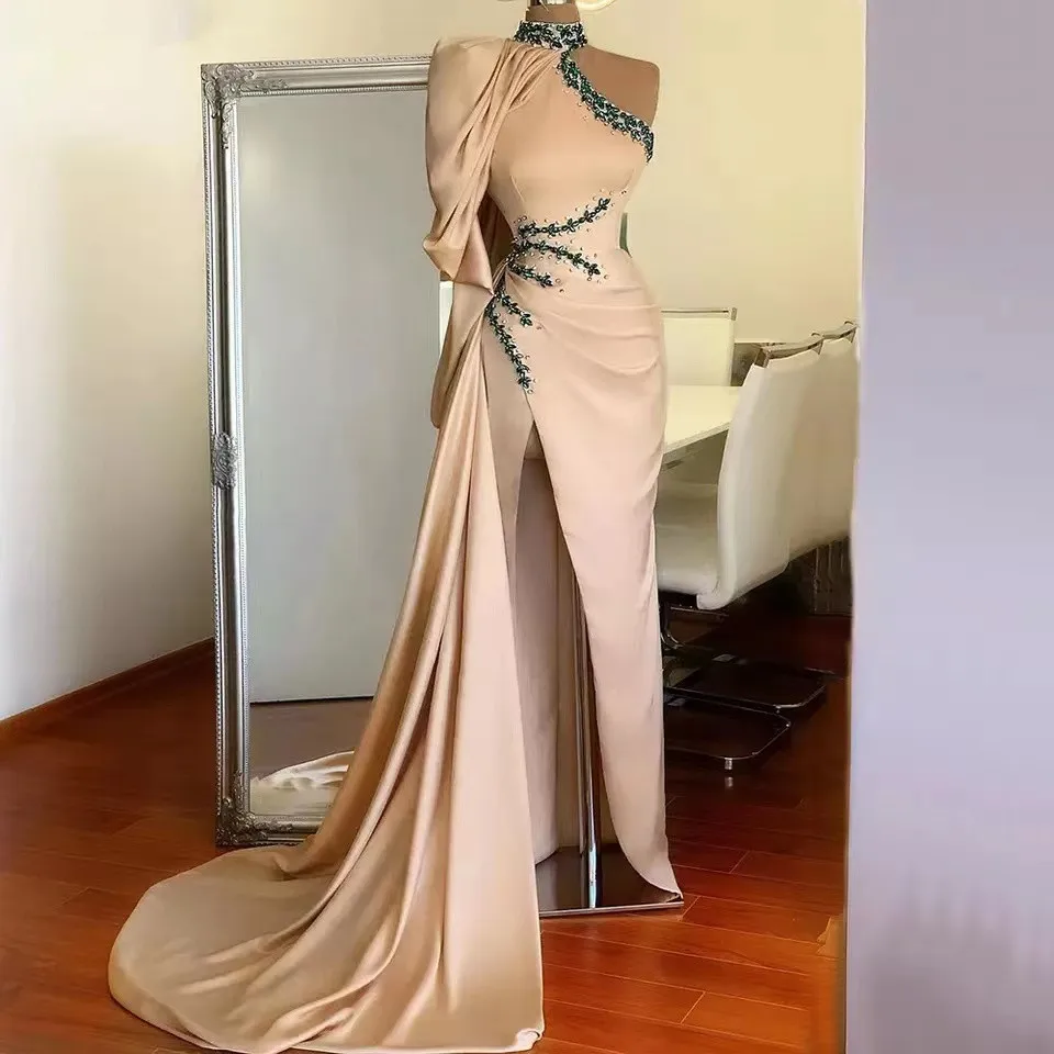 

Saudi Arabic Women Evening Dresses Puff Long Sleeves Crystal High Neck Slit One Shoulder Prom Dress Tea Length Formal Party Gown
