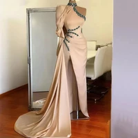 saudi arabic women evening dresses puff long sleeves crystal high neck slit one shoulder prom dress tea length formal party gown