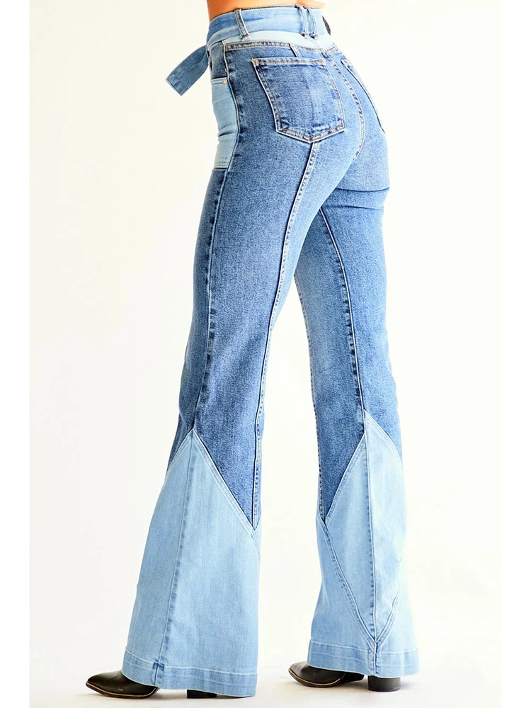 Stitching belt European and beautiful denim flared pants dropship retro high waist two-color denim jeans