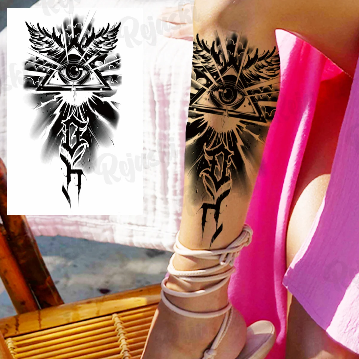 Black Maori Thorns Temporary Tattoos For Men Adults Realistic Totem Compass Rose Flower Eye Fake Tattoo Sticker Arm Leg Tatoos images - 6