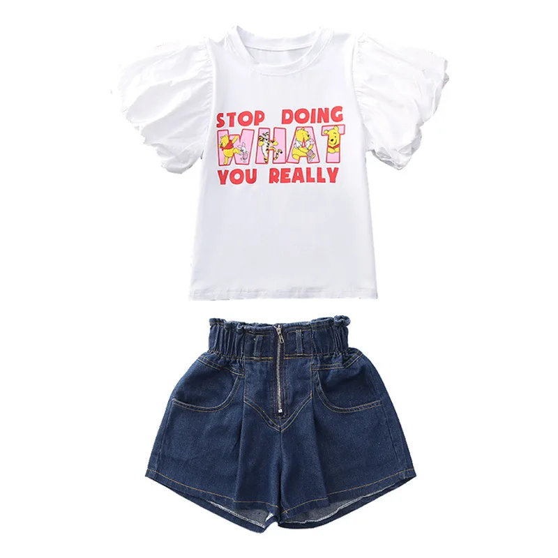 

2022 Summer Suits Jeans Fashion Casual Pants Two Piece Sets Children Girls Flower Bud Sleeves T-Shirts Denim Shorts