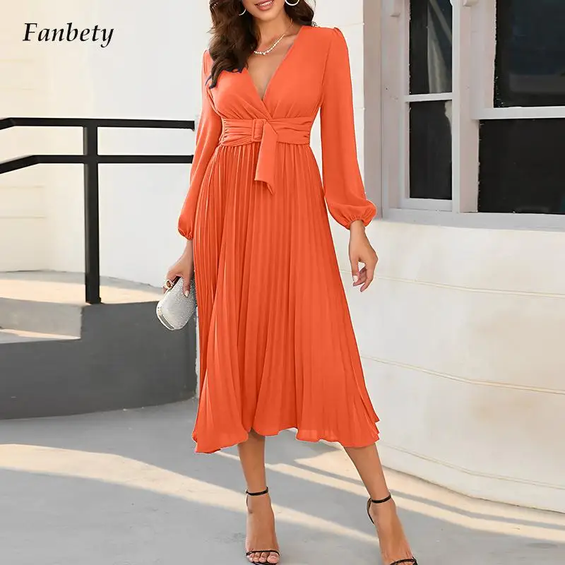 

Elegant V-neck Belt Lace-up Long Dress 2023 Women Casual Long Sleeve Pleat Party Dress Office Fashion Solid Chiffon Beach Dress