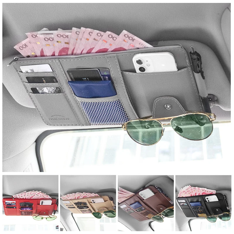 

Car Sun Visor Organizer Pocket Leather Sunshade Clip Storage Bags Card Glassed Pen Clip Cash Holder Stowing Tidying Accessories