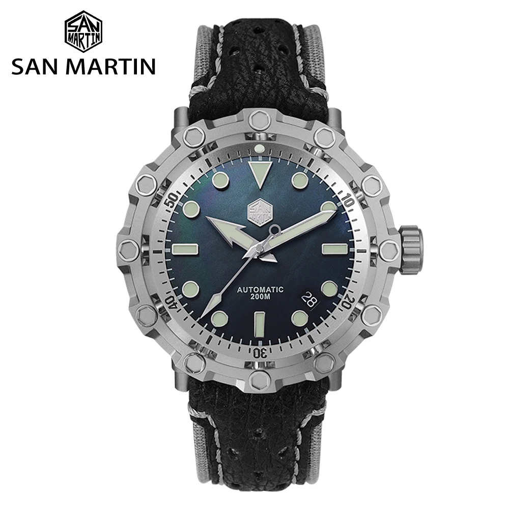 

San Martin Mens Diver Watch Titanium Design Limited Edition Mechanical Watches Sapphire 200M Shark Leather Watchband