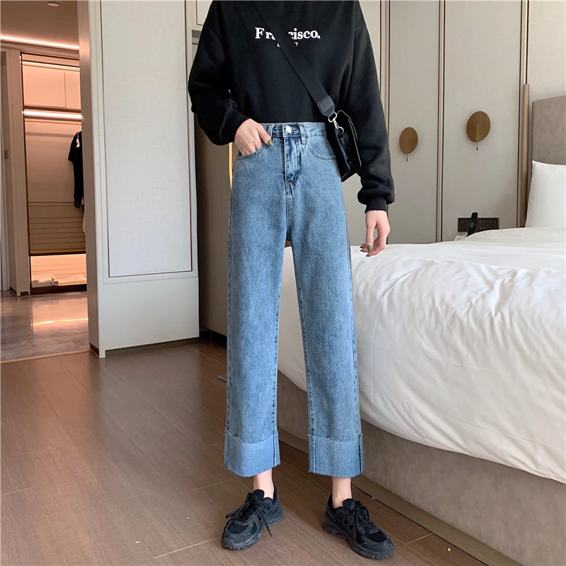 

DD3035 New slim high waist slim loose cropped wide-leg pants jeans