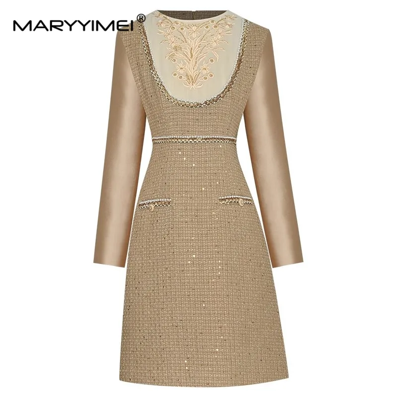 

Осеннее модное женское платье MARYYIMEI с длинными рукавами, вышитыми блестками и бисером, винтажная коллекция, короткие платья-трапеции
