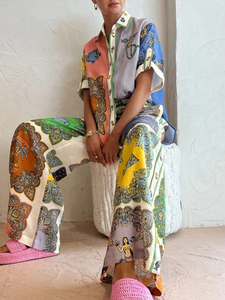 

Half Sleeve Shirt And Pants Print Outfits Women Summer Loose Casual Long Pants Set Streetwear Wide Leg Pants Tops Two Piece Set