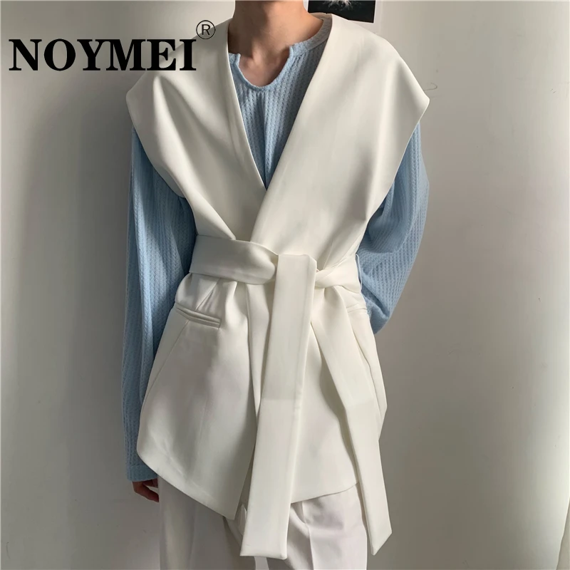 

NOYMEI Niche Trendy Collarless Sleeveless Korean Style Fashionable Suit Vest New Autumn Lace Up Solid Color Men Waistcoat WA1829