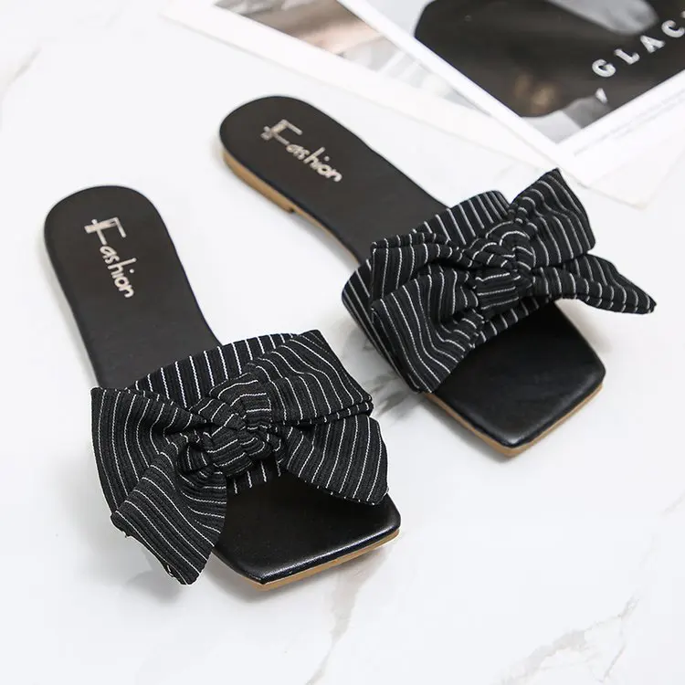 Women Striped Pattern Bow Decor Flat Sandals Preppy Fabric Slides Sandals Big Size Open Toes Home Leisure Women Slippers