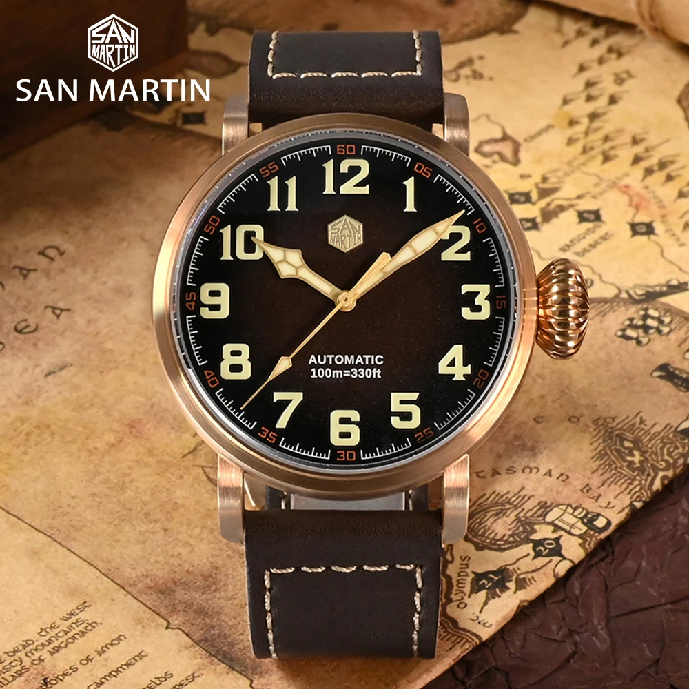 

San Martin 45mm Solid Bronze Pilot Mens Watch Sapphire Glass 100m Waterproof YN55 Automatic Mechanical Vintage Military Watches