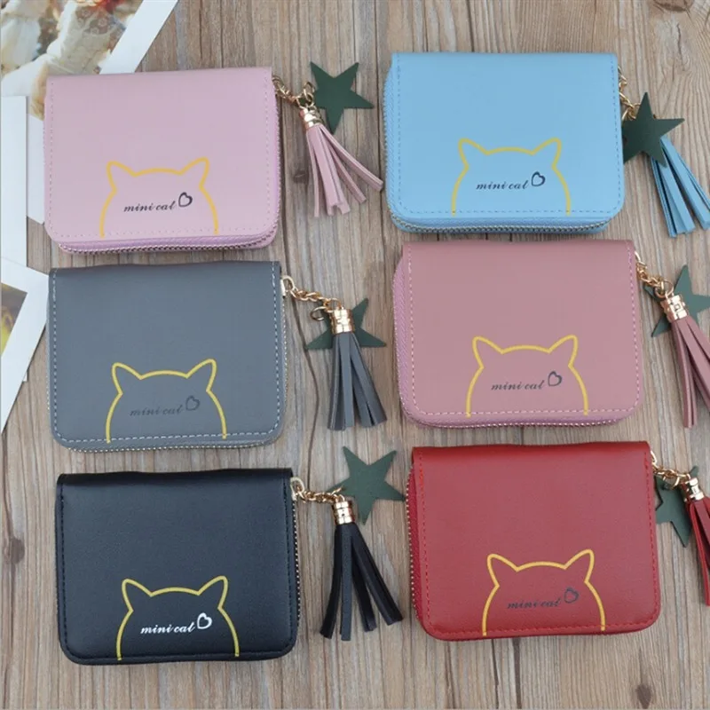

Маленькие женские кошельки, однотонные сумки для денег, короткий кошелек с милым принтом кошки, Женский кошелек с держателем для карт, Сумка...