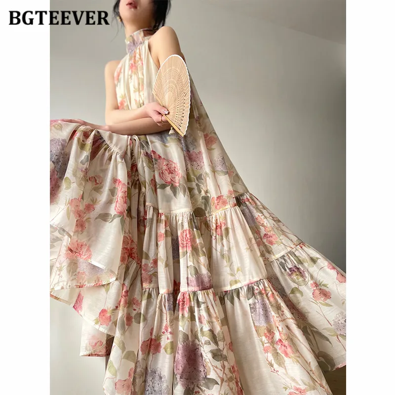 

BGTEEVER Vintage Halter Printed Mid-Length Dress Female Elegant Loose Sleeveless Women Floral Dress Summer Vestidos