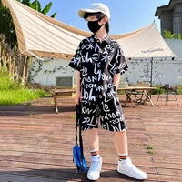children summer clothing set for boys short sleeve turn down collar shirtshorts 2pcs teenage casual letter print outfits 4 14y