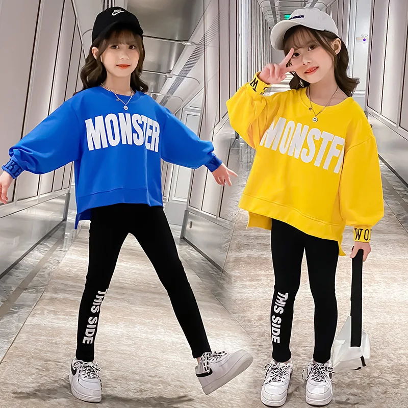 

Костюм-свитер для девочек, одежда на весну и осень, детская одежда в стиле хип-хоп, повседневный топ с длинными рукавами + леггинсы, модная сп...