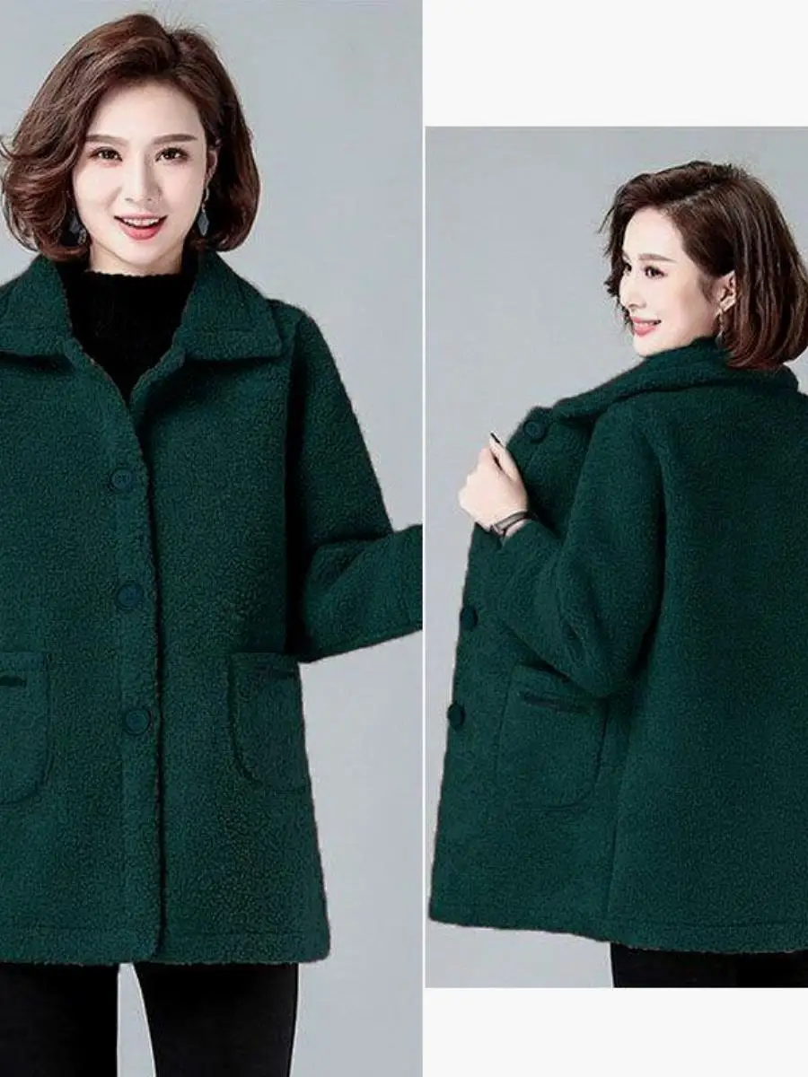 Fleece-lined Middle-aged Women Dress New Autumn and Winter Sheep Shearing Thickened Top Middle-Aged Elderly Western...