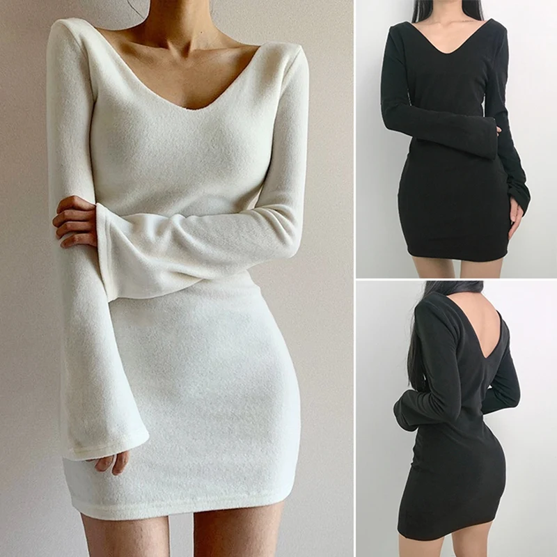 

ASDS-Deep V-Neck Sexy Mini Dress Women Skinny Long Flare Sleeve Above Knee Dresses Streetwear Solid Basic Dress
