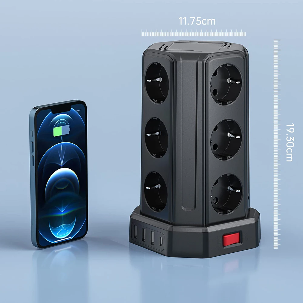 Многосетевой удлинитель Sameriver с европейской вилкой и 12 розетками, 3 USB-порта A + 1 USB C, защита от перенапряжения для дома и офиса, удлинитель 5 м (art.: 3920c065567ea) - 3920c065567ea