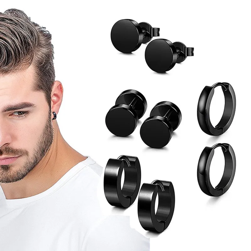 

1 Set Different Types Shape Unisex Black Color Stainless Steel Piercing Earring For Women Men Punk Gothic Barbell Earring