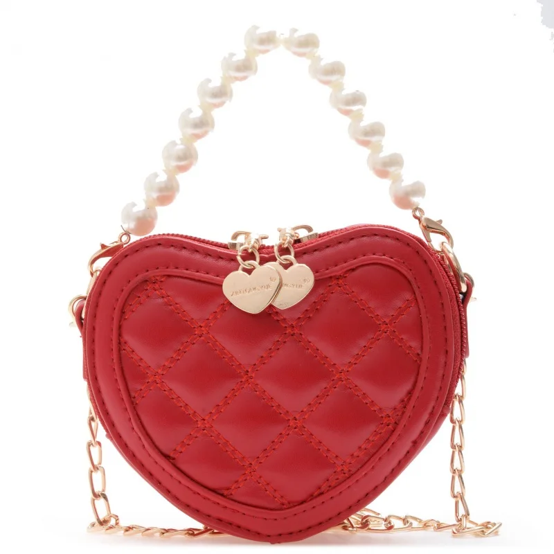 2023NEW Pearl Handle Girls Mini Shoulder Messenger Bag Princess Purse Handbags Cute Children's Heart-shaped Crossbody Bags