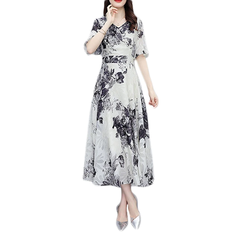 

Women Summer Ruffles Half Sleeve V-Neck Swing Long Dress Chinese Style Ink Painting Floral Print Empire Waist A-Line Pleated
