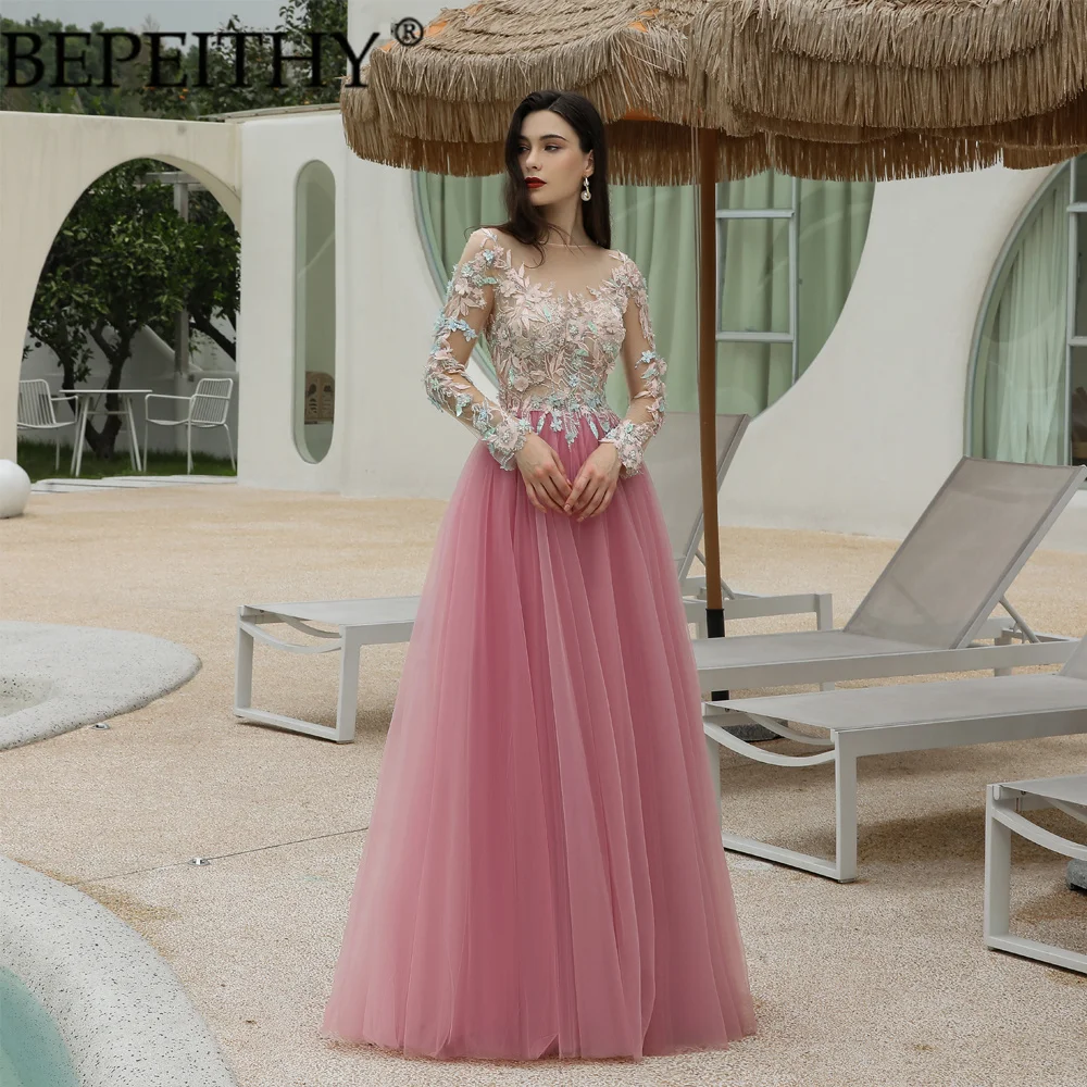 

BEPEITHY Vestido De Festa New Arrival Pink Exquisite O Neck Applique Beading Tulle Long Prom Party Gowns 2022 Custom Made