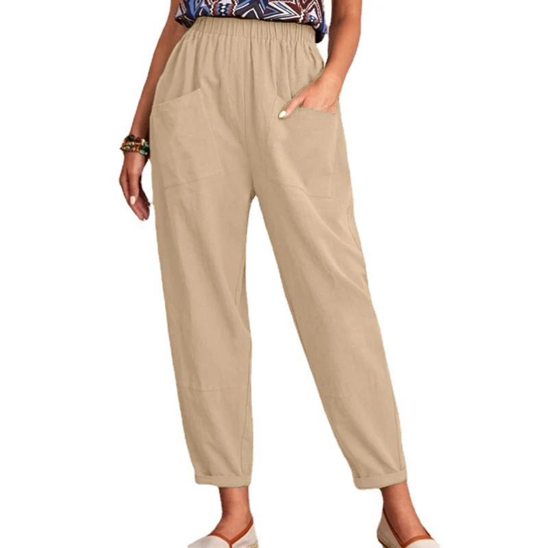 Women Summer Linen Thin Pants Solid Loose High Waist Joggers Cotton Linen Harem Pants Casual Elastic Ankle-length Pants Female