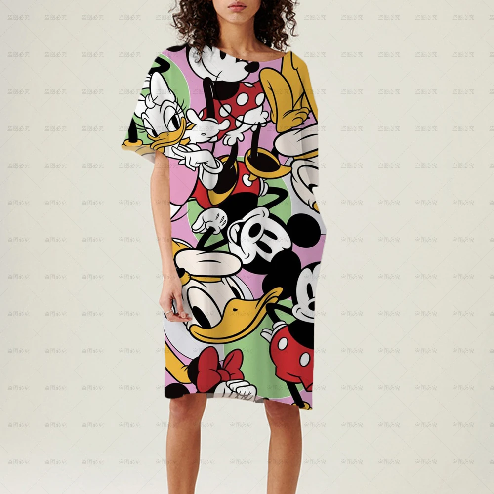 

New Hot Sale Disney Mickey Mouse Women Fashion Casual Loose Mid Length Dress Women Casual Short Dress Printed Hem T Shirt Dress