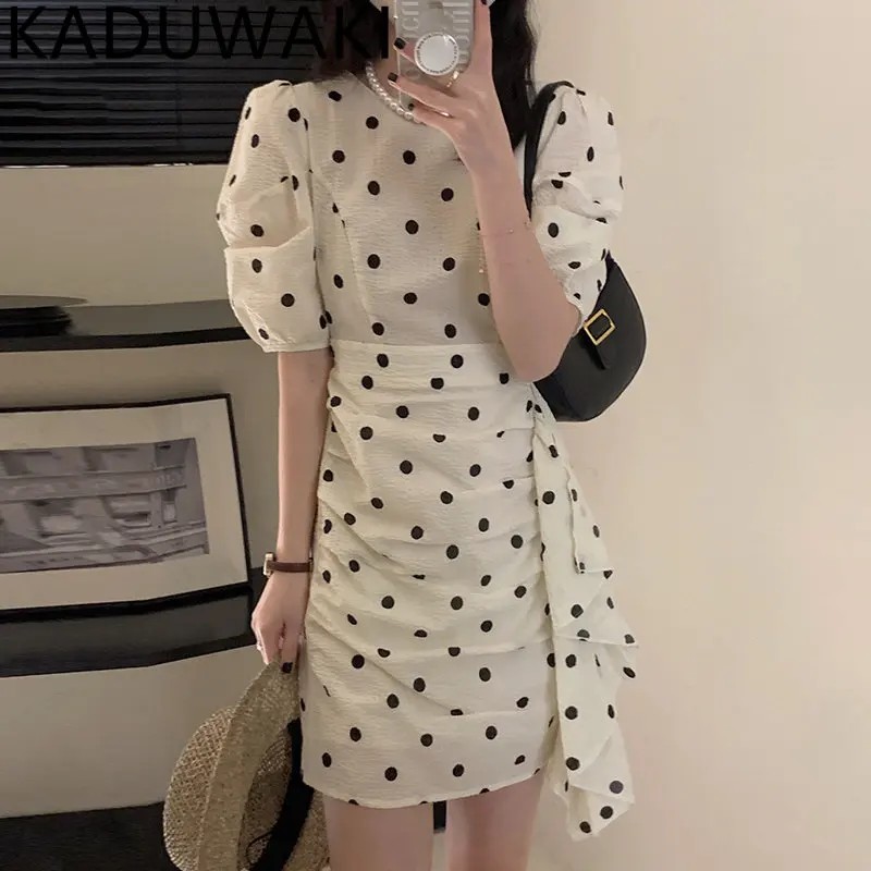 

Black Dot Printing Buttock Covering Dress Preal O-neck Midi Robe Slim Waist Puff-Sleeve Design Elegant A-line Vestidos Women