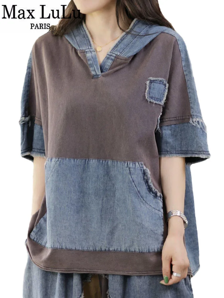 

Max LuLu Fashion Tops 2023 Summer Womens Loose Vintage Denim Hooded Tshirts Females Luxury Harajuku Casual Tees Classic Clothes