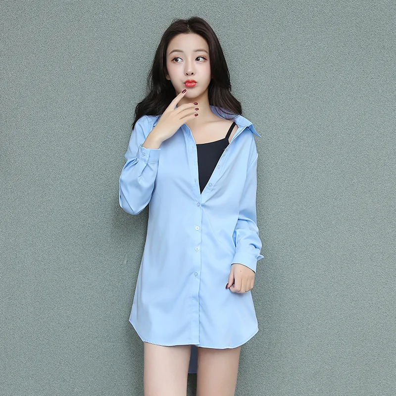 

White Shirt Women Mid Length BF Blouse Sexy Pajamas Female Shirt Skirt Ladies Tops Spring Autumn Loose Women Shirts and Blouses