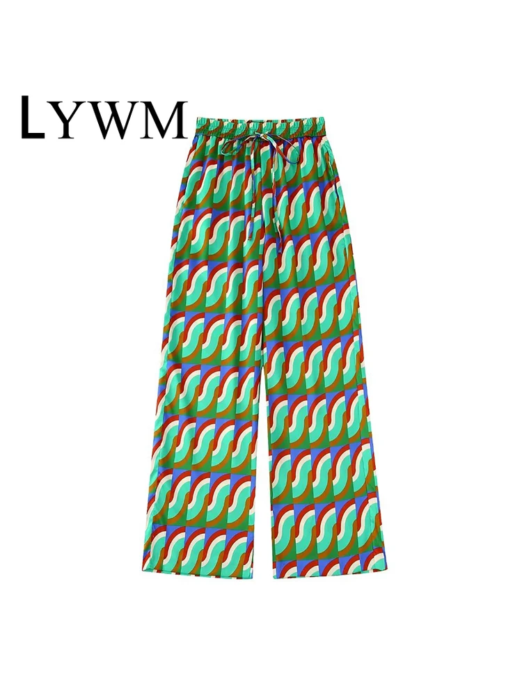 

LYWM Women Fashion Geometric Printed Straight Pants With Drawstring Vintage High Elastic Waist Female Trousers Mujer