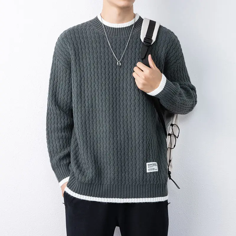 

Простой Однотонный свитер с круглым вырезом для мужчин, зимний утепленный модный дизайнерский Свободный Топ с узором, свитер для улицы E670