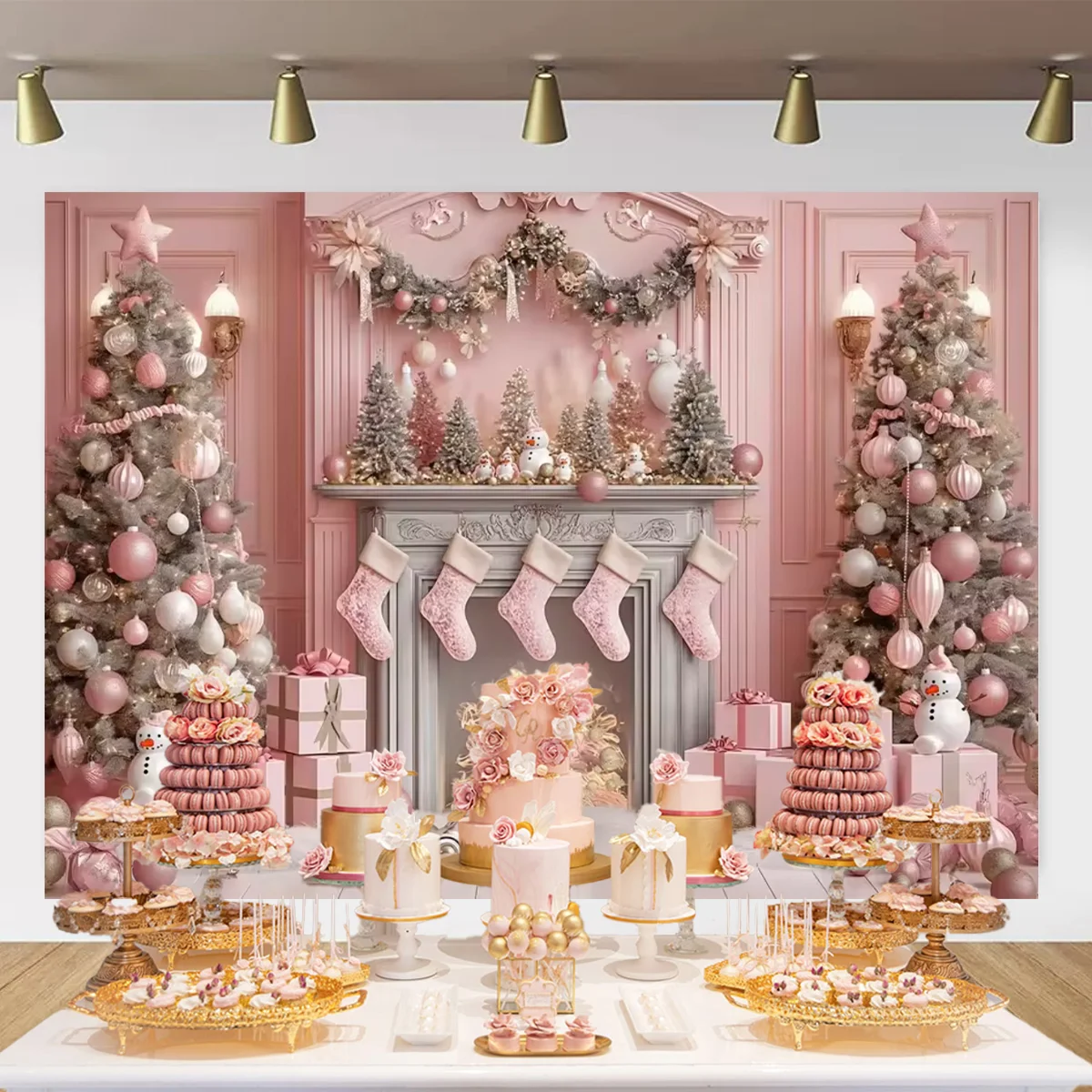 Розовый Рождественский тематический фон камин подарок Рождественская елка дети