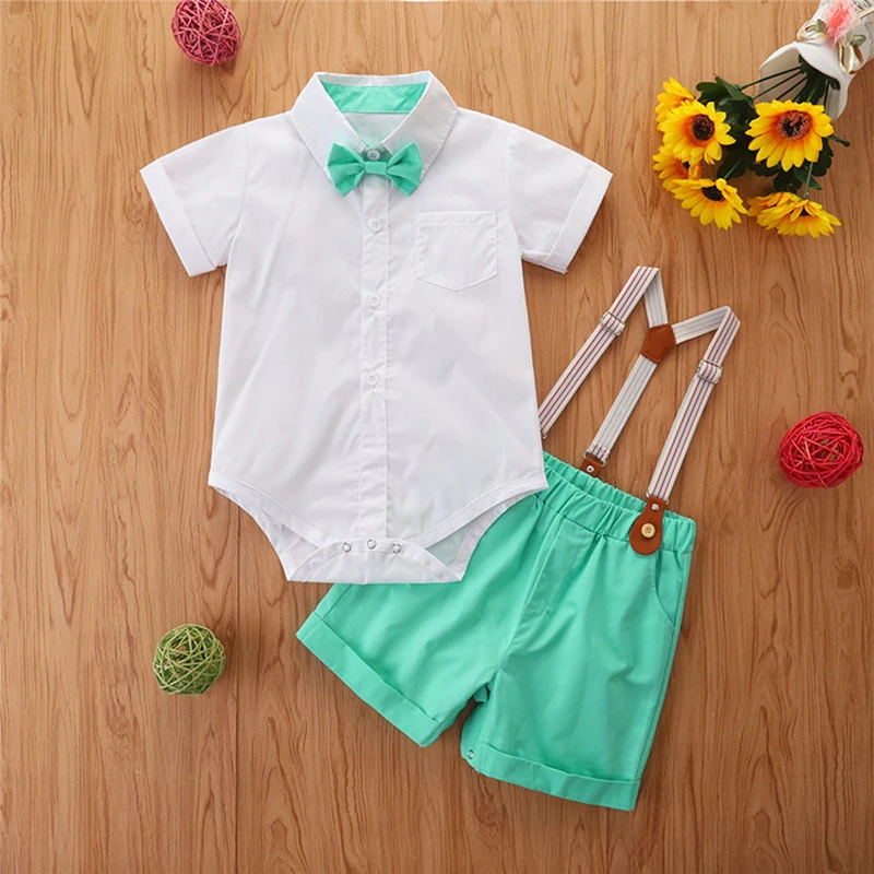 

Baby Boy Clothes Summer Set Bow Tie Lapel Button Short Sleeve Jumpsuit + Adjustable Strap Shorts Gentleman 2 pcs Set
