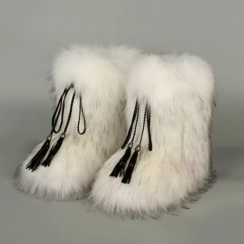 2024 женские зимние новые цветные ботинки на меху модные с кисточками толстые