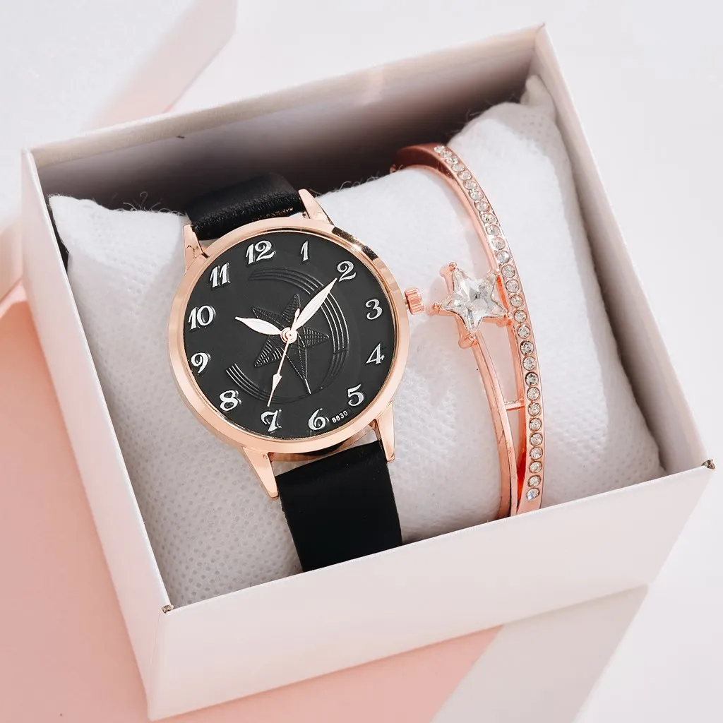 

2PCS New Bracelet Watch Set Cartoon Fashion Leather Band Crystal Women Ladies Wristwatch Watches Female Relogio Feminino Reloj