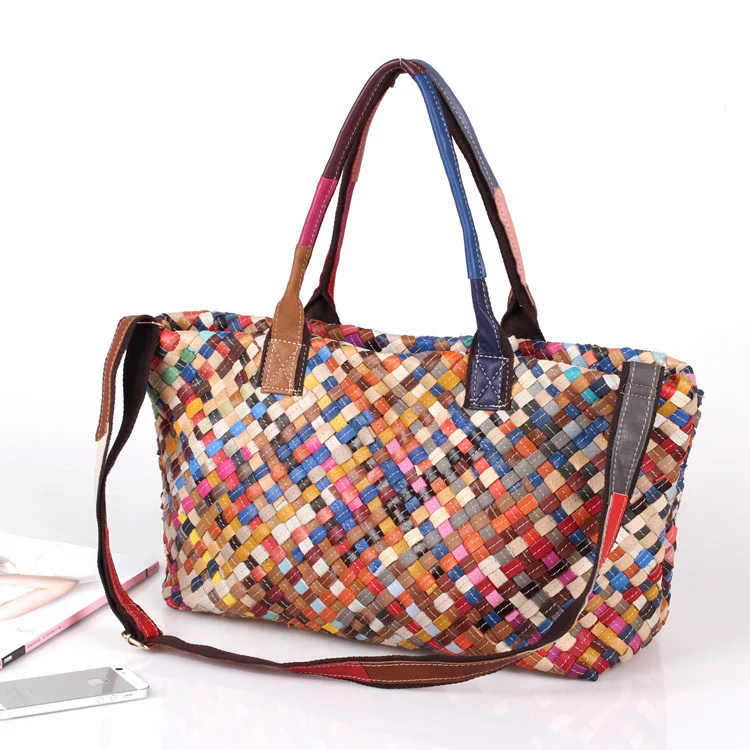 Genuine Leather Bag For Women Fashion Large Capacity Tote Bag Multi Color Bag Woven Bag Contrast Handbag Handmade Bag
