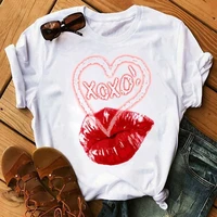 xoxo red lip heart print women t shirt short sleeve o neck loose women tshirt ladies tee shirt tops camisetas mujer