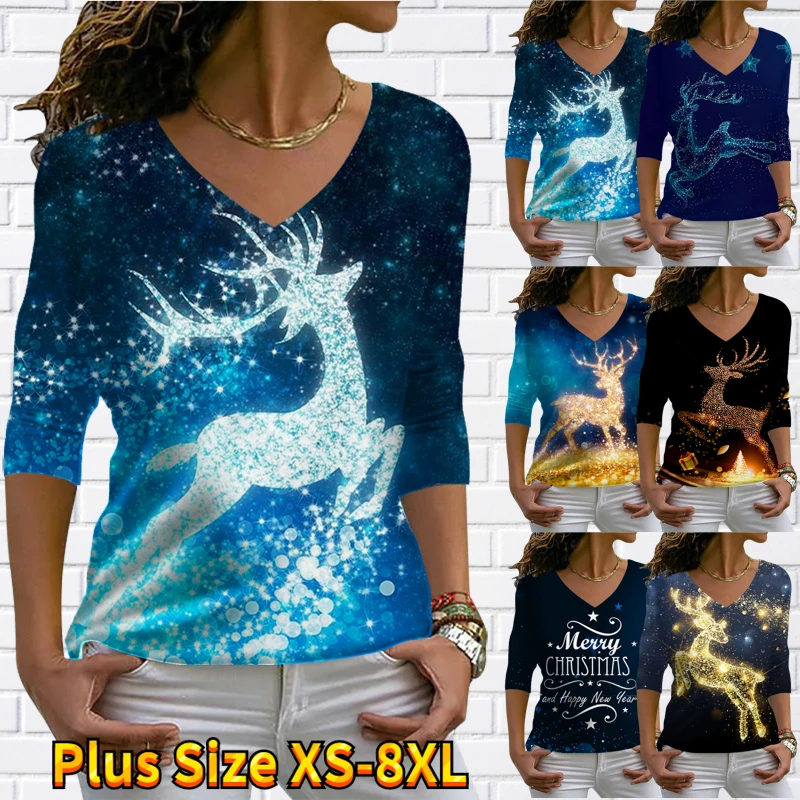 

Women's T Shirt Tee Christmas Reindeer Sparkly Painting Holiday Weekend Shirt Long Sleeve V Neck Casual Daily Christmas XS-8XL