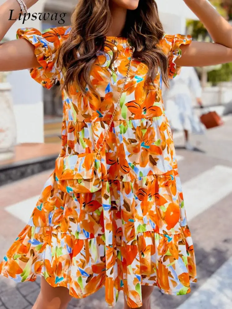 

Платье-мини женское Плиссированное с цветочным принтом, круглым вырезом и коротким рукавом