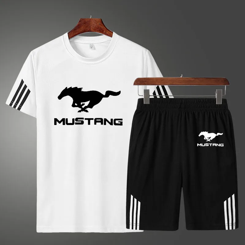 

2022 Summer Men's T-shirt Mustang Car Logo Printing Casual High Quality Cotton Men's short sleeve + shorts two-piece suit