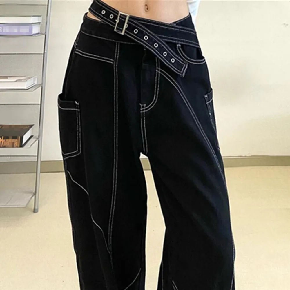 

Черные Мешковатые женские джинсы Grunge Y2K, корейская мода, уличная одежда с карманами, готические джинсовые брюки-карго в стиле хип-хоп с широк...
