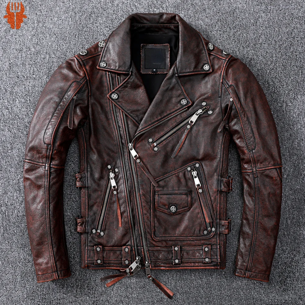 

Vintage Brown Motorcycle Leather Jacket Men Natural Genuine Cowhide Jackets Autumn Slim Fit Biker's Ooblique Zipper Coat